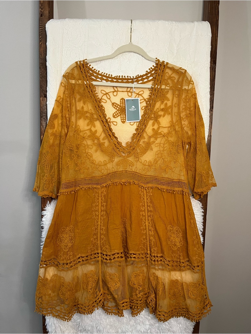 NWT Eomenie Boho Yellow Lace Swimsuit Beach Cover Up Mini Dress